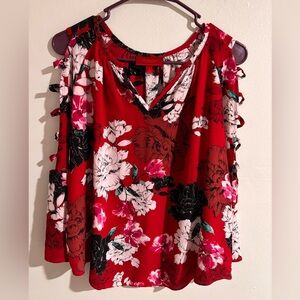 Jennifer Lopez Red Floral V-Neck Cold-Shoulder Camisole